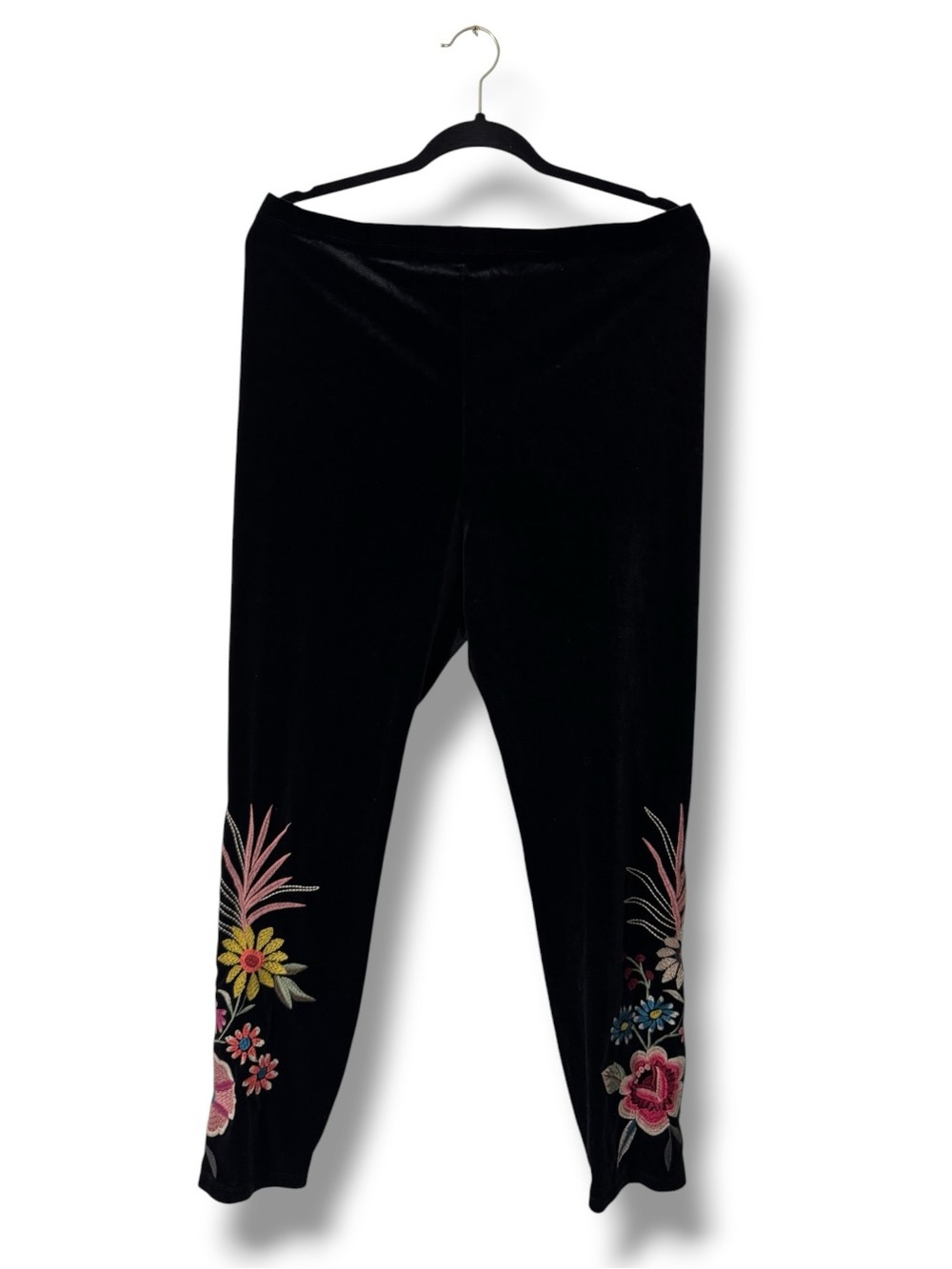 Johnny Was Tiarei Velvet Leggings Size 1X Black Floral Embroidered Boho Pants